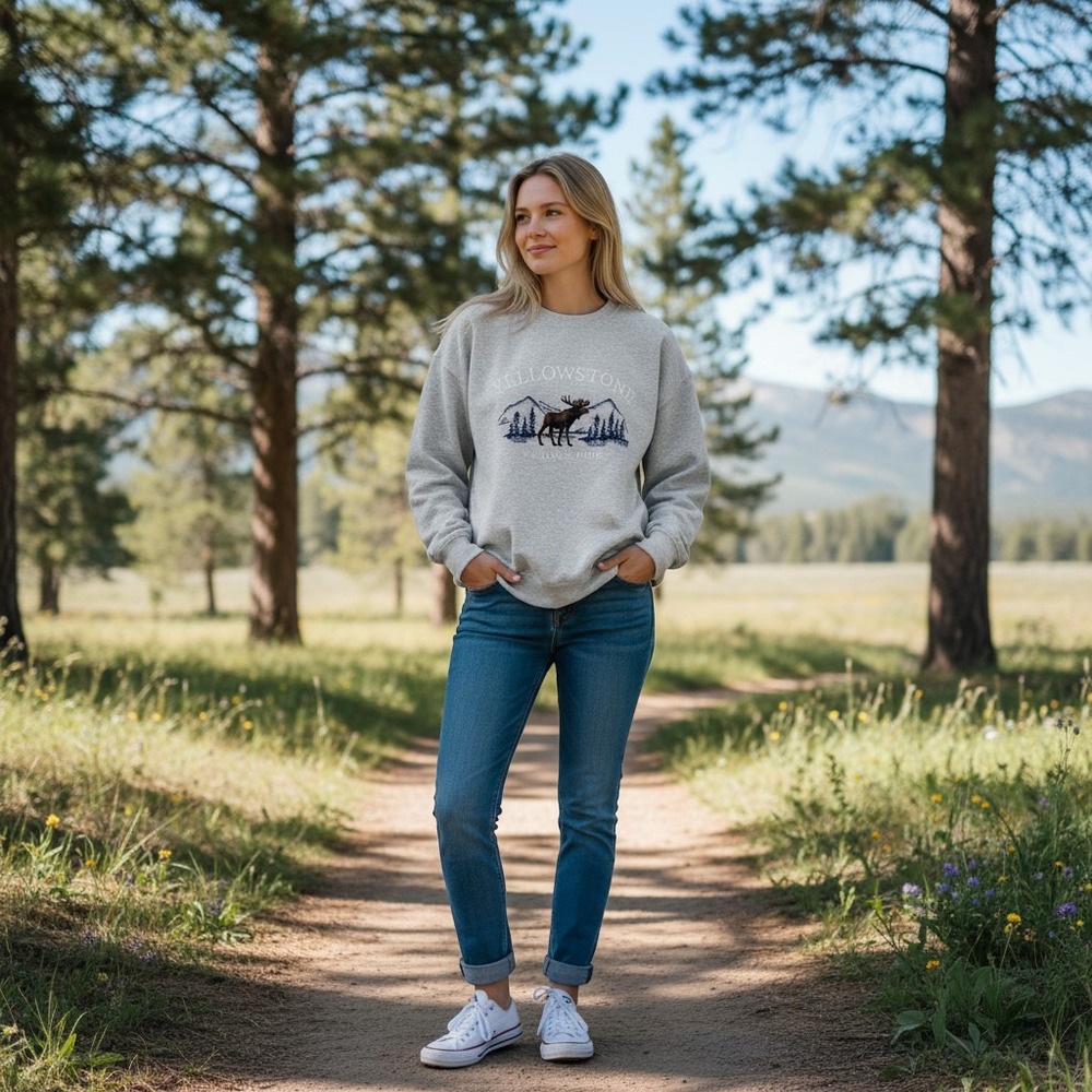 Lazy Sunday Yellowstone Sweatshirt Womens L Gray Excellent Graphic Moose Crew